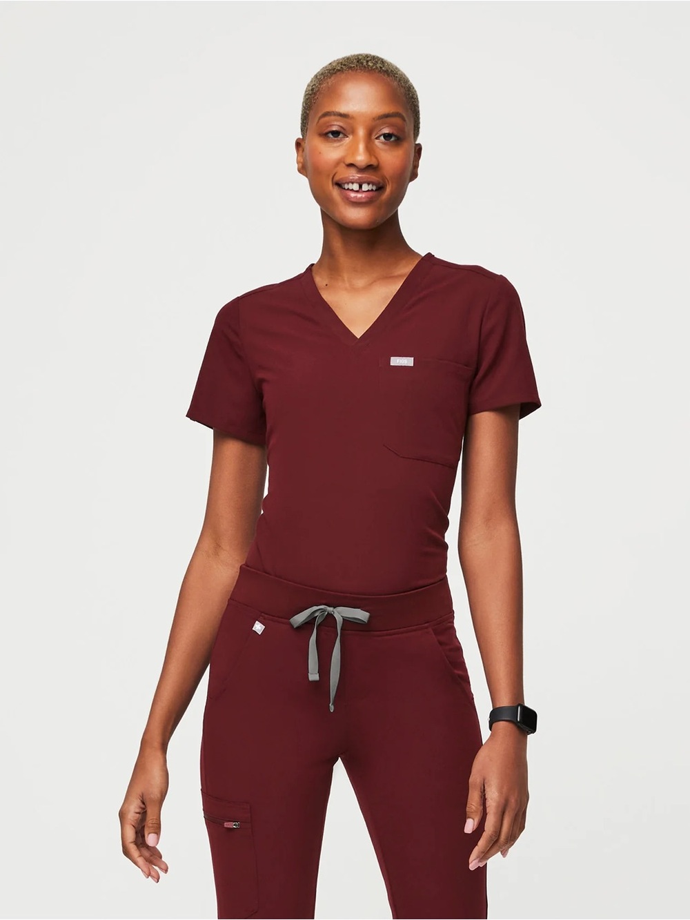 Figs Women's V-Neck Scrub Top in Burgundy